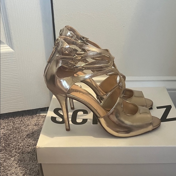 SCHUTZ Gold Metallic Strappy Heels - Picture 2 of 4